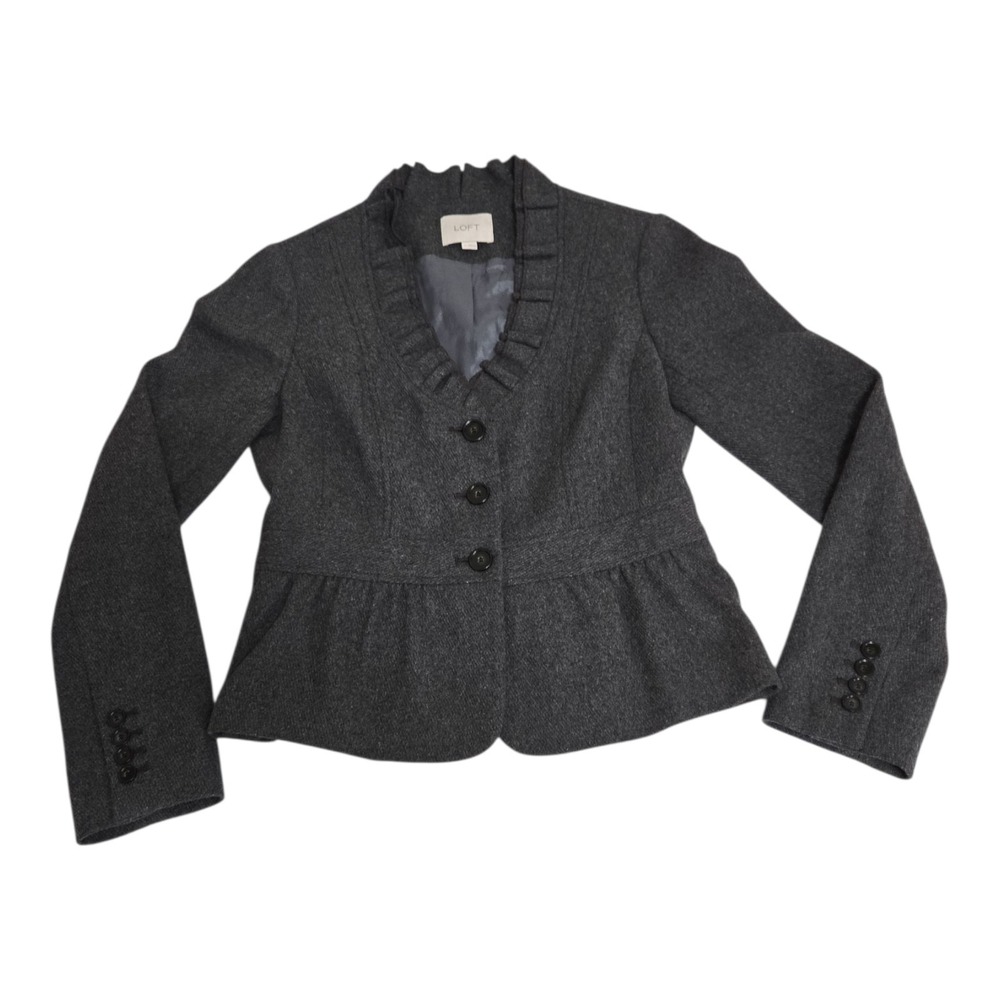 Loft Size 4 Wool Blend Dark‎ Gray Ruffle Blazer Button Front